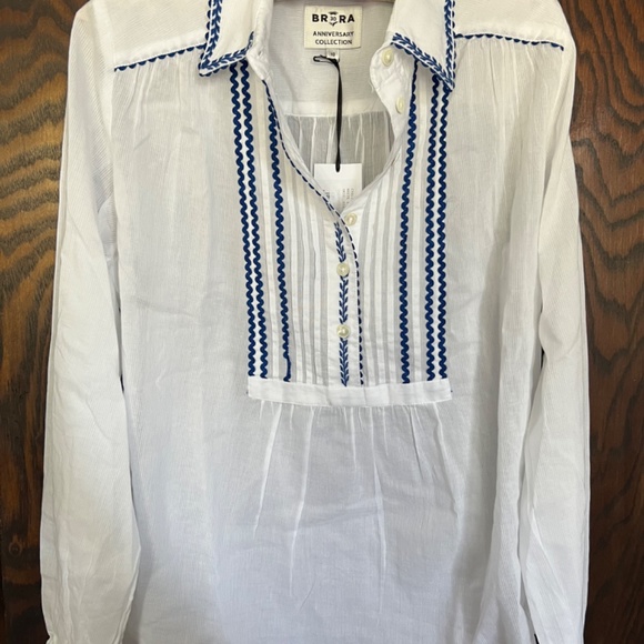 Brora Organic Cotton Shirt white with cobalt blue embroidery, size UK 10/US 6 - Picture 4 of 8